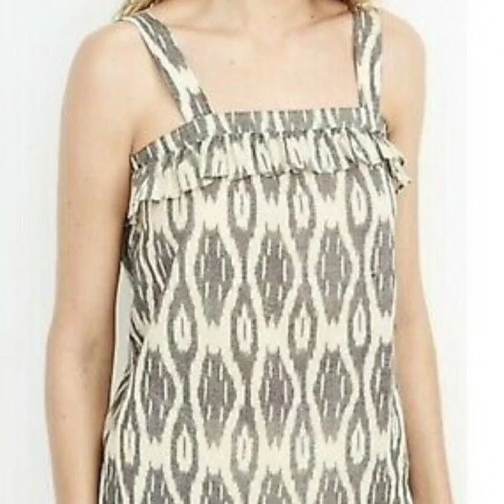 J. CREW Size 0 Beige Gray Ikat Ruffle Flounce Sleeveless Cotton Tank Top Blouse